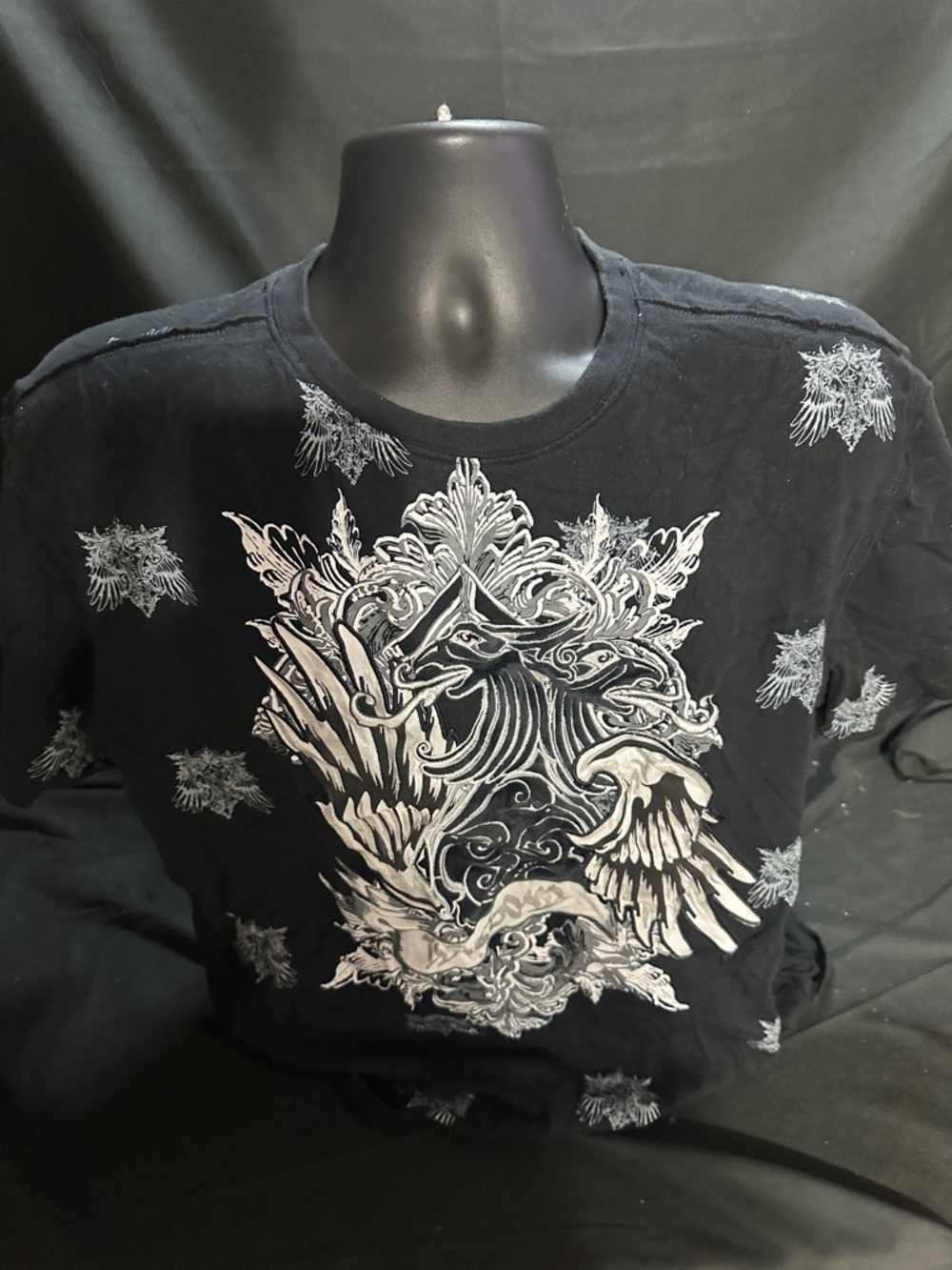 Men's Black Graphic Shirt with White Ornate Eagle Design-Raw blue size L-#565